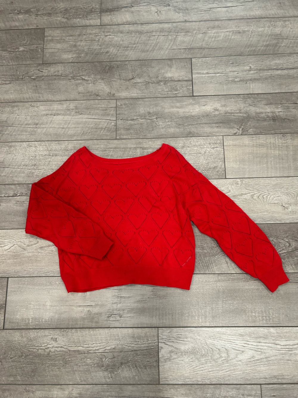 Hollister Bright Red Heart-Knit Cutout Crewneck On/Off Shoulder Sweater